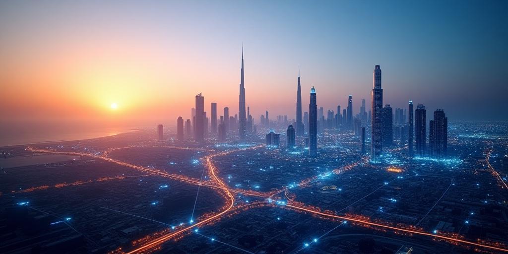Modern Dubai skyline with interconnected digital network lines